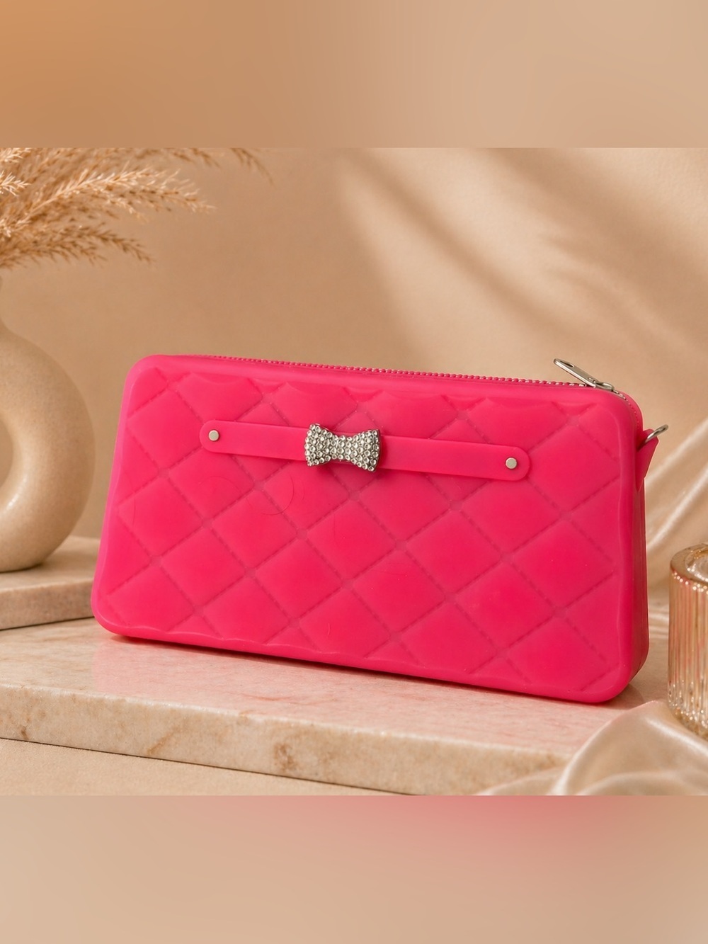 Water Resistant Hot Pink Quilted Silicone Wallet Wristlet Bow Detail Minimalist